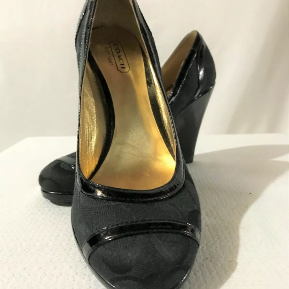 Coach Black Logo Canvas Patent Leather Wedge